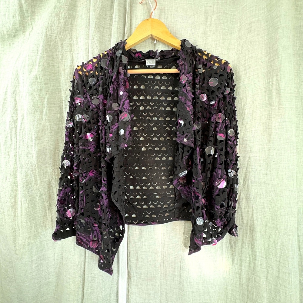 y2k Alberto Makali Shirt Cutout Sequin Open Front Asymmetric Hem Cardigan Party